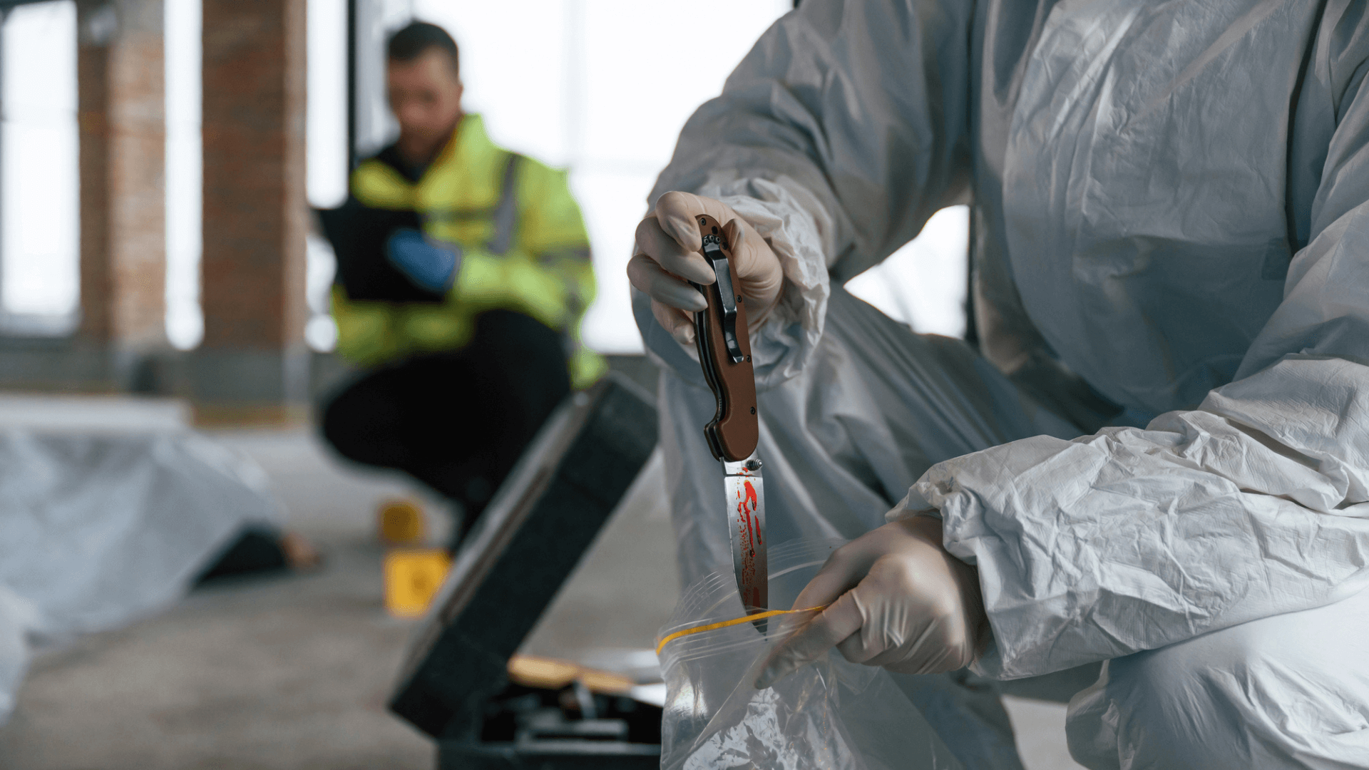 crime scene cleaner picking up bloody knife during Trauma & Crime Scene Cleanup in Clermont, Florida